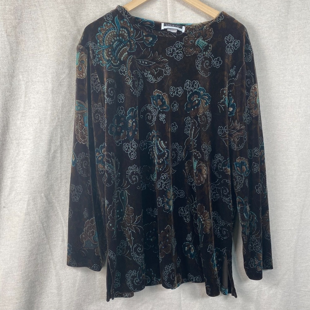 Leslie Fay Womens Y2K Velvet Whimsigoth Top Size 2X Forest Fairy‎ Grunge Brown